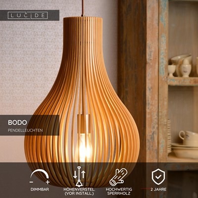 Lucide BODO - Pendelleuchten - Ø 38 cm - 1xE27 - Helles Holz